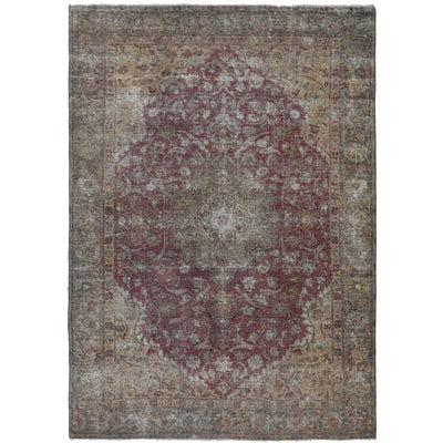 Knotari Heritage Collection vintage hand-knotted wool rug No. A68 with floral medallion design in rose red, taupe, charcoal, sand, muted gold, size 6'0" x 9'6".