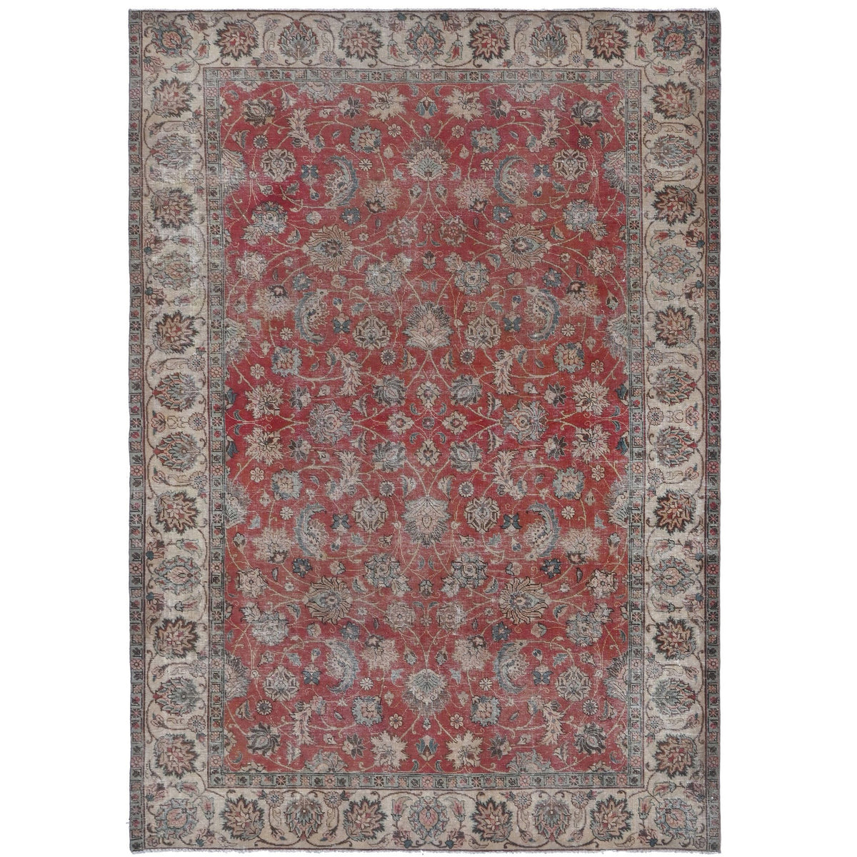 Knotari Heritage Collection vintage hand-knotted wool rug No. A75 with all-over floral design in rust red, ivory, slate blue, taupe, charcoal, size 6'3" x 9'5".
