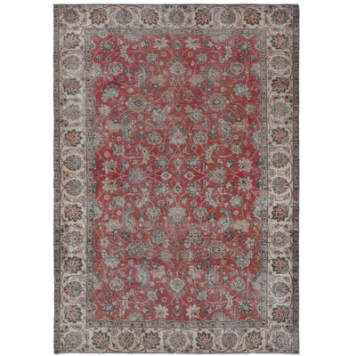 Knotari Heritage Collection vintage hand-knotted wool rug No. A75 with all-over floral design in rust red, ivory, slate blue, taupe, charcoal, size 6'3" x 9'5".
