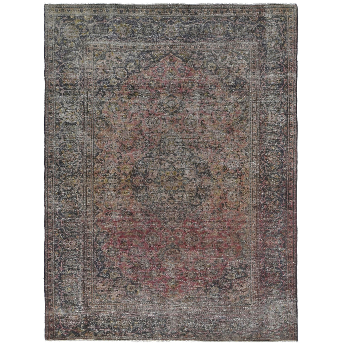 Knotari Heritage Collection vintage hand-knotted wool rug No. A76 with floral medallion design in antique rose, charcoal, olive, taupe, and muted gold, size 6'7" x 9'3".