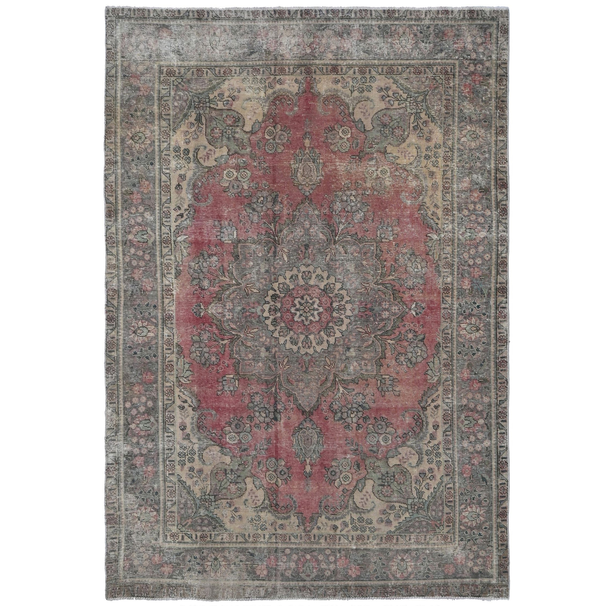 Knotari vintage hand-knotted wool rug No. A77 with floral medallion design in dusty rose, charcoal, aged ivory, muted blue, taupe, size 6'5" x 9'4".
