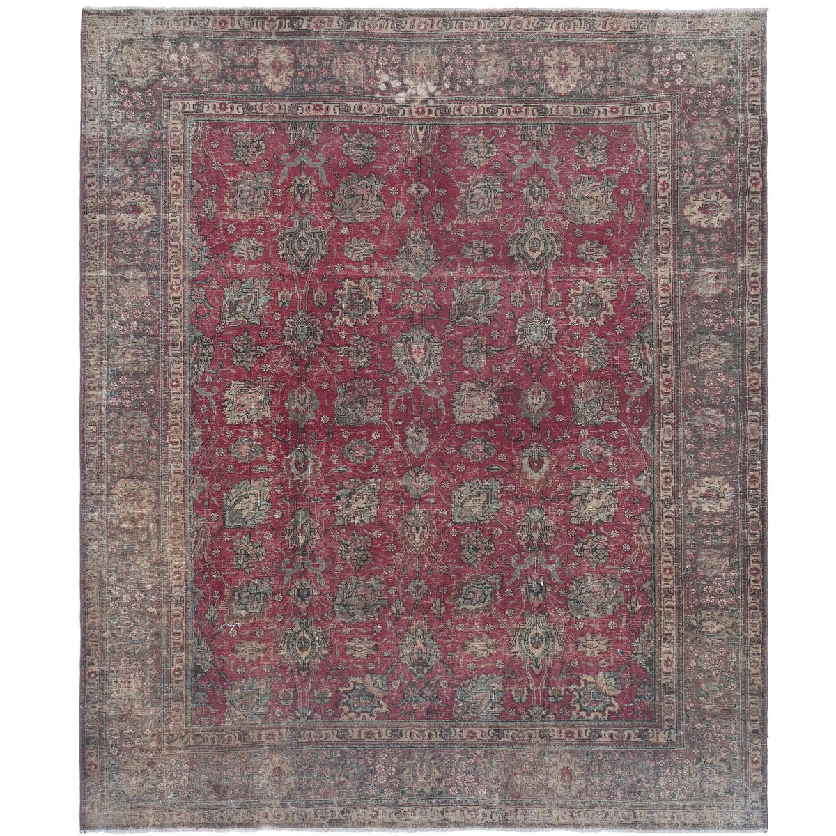Knotari vintage hand-knotted wool rug No. A82 with compact central medallion design in antique red, navy, ivory, rust, sage, size 8'0" x 9'3".