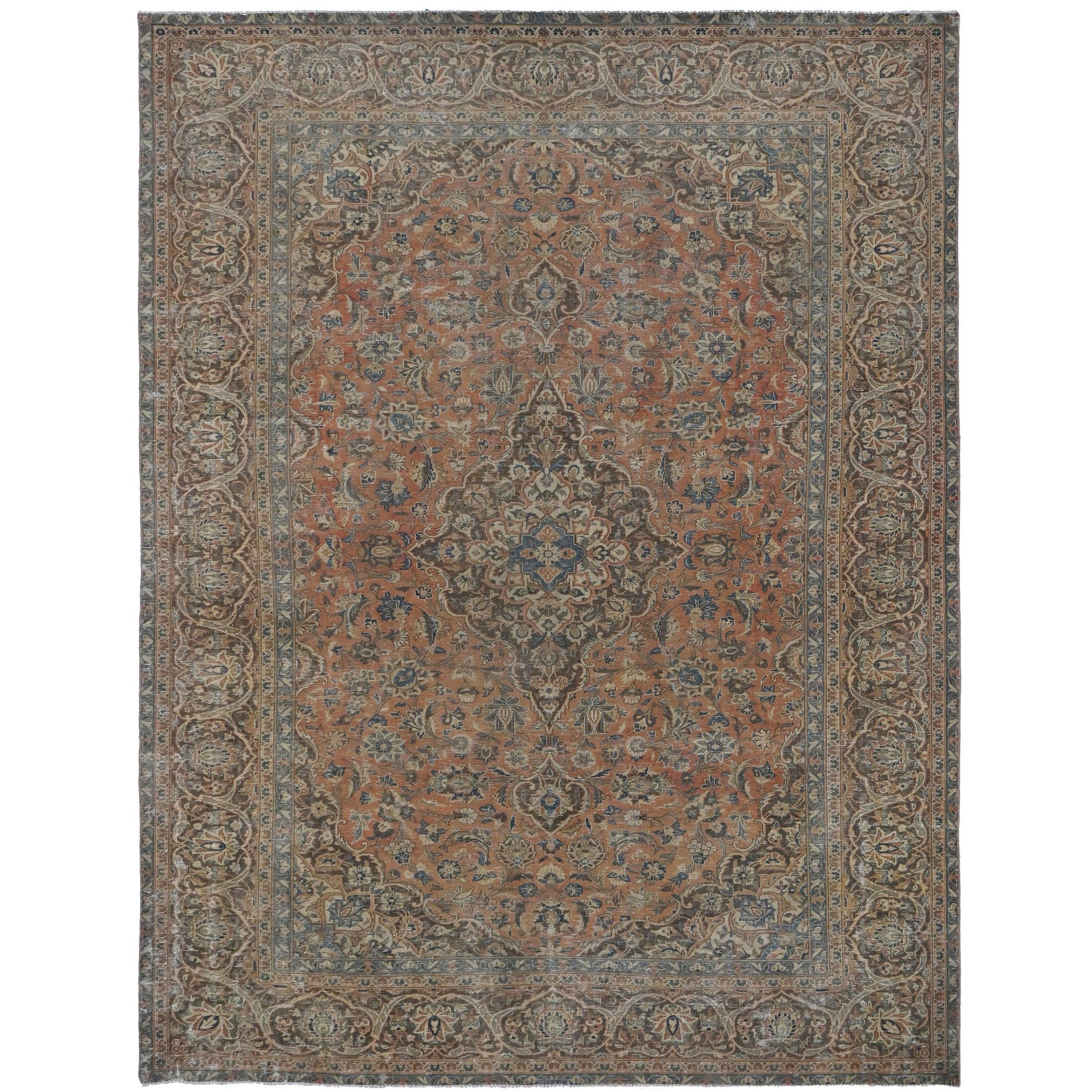 Knotari vintage hand-knotted wool rug No. A87 with floral medallion design in brick red, aged ivory, navy, dusty blue, sage, size 7'9" x 11'0".