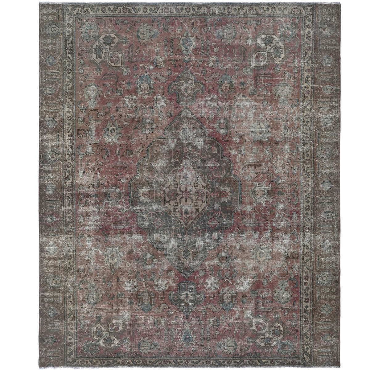 Knotari vintage hand-knotted rug No. A88 with soft scalloped medallion design in dusty rose, indigo, taupe, aged ivory, muted sage, size 9'2" x 10'9".