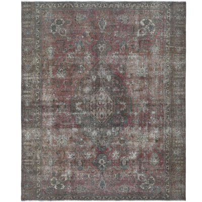 Knotari vintage hand-knotted rug No. A88 with soft scalloped medallion design in dusty rose, indigo, taupe, aged ivory, muted sage, size 9'2" x 10'9".