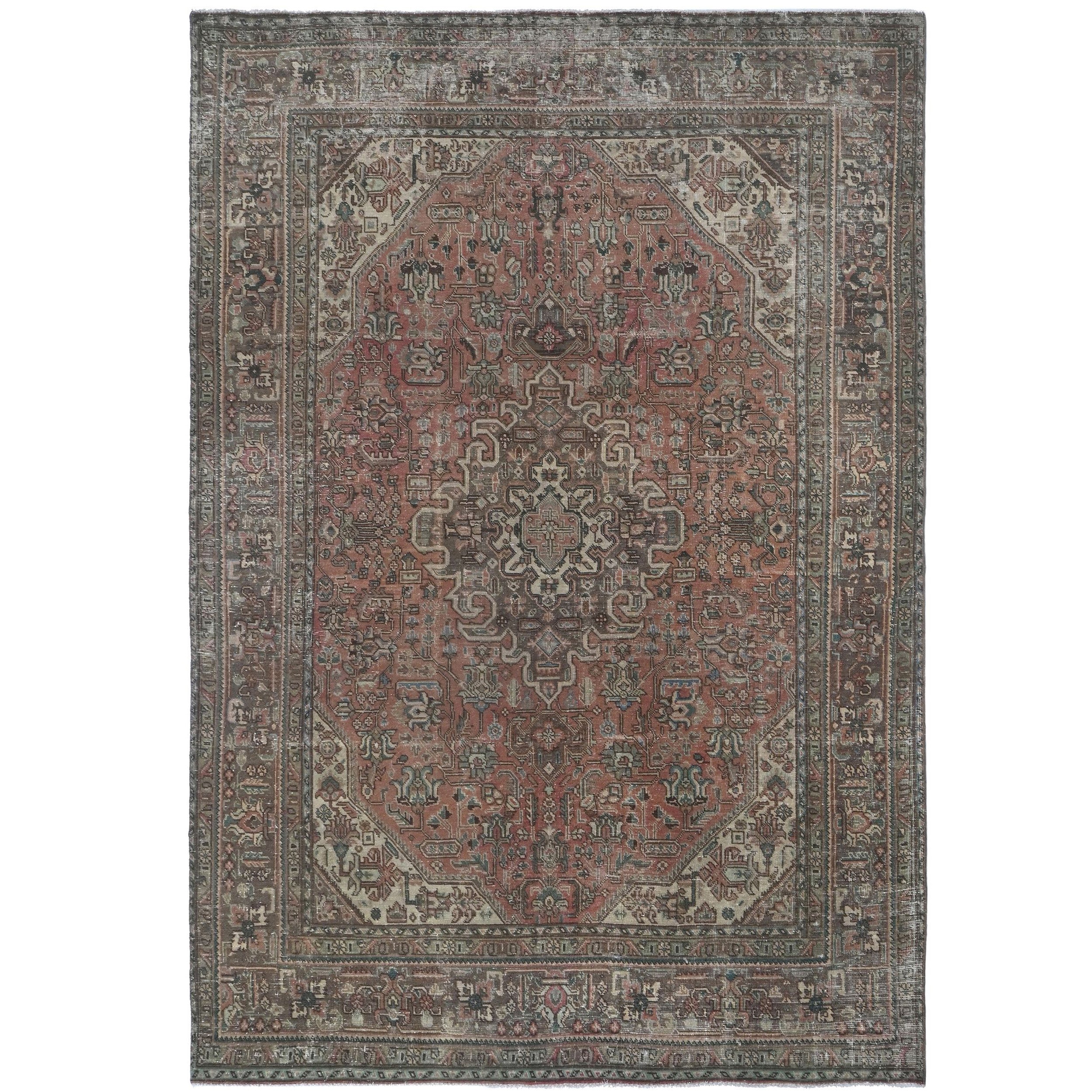 Knotari Heritage Collection vintage hand-knotted wool rug No. A89 with heriz medallion design in terracotta, charcoal, ivory, taupe, muted blue, size 6'4" x 9'4".