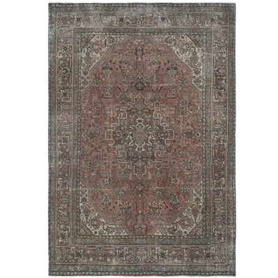 Knotari Heritage Collection vintage hand-knotted wool rug No. A89 with heriz medallion design in terracotta, charcoal, ivory, taupe, muted blue, size 6'4" x 9'4".