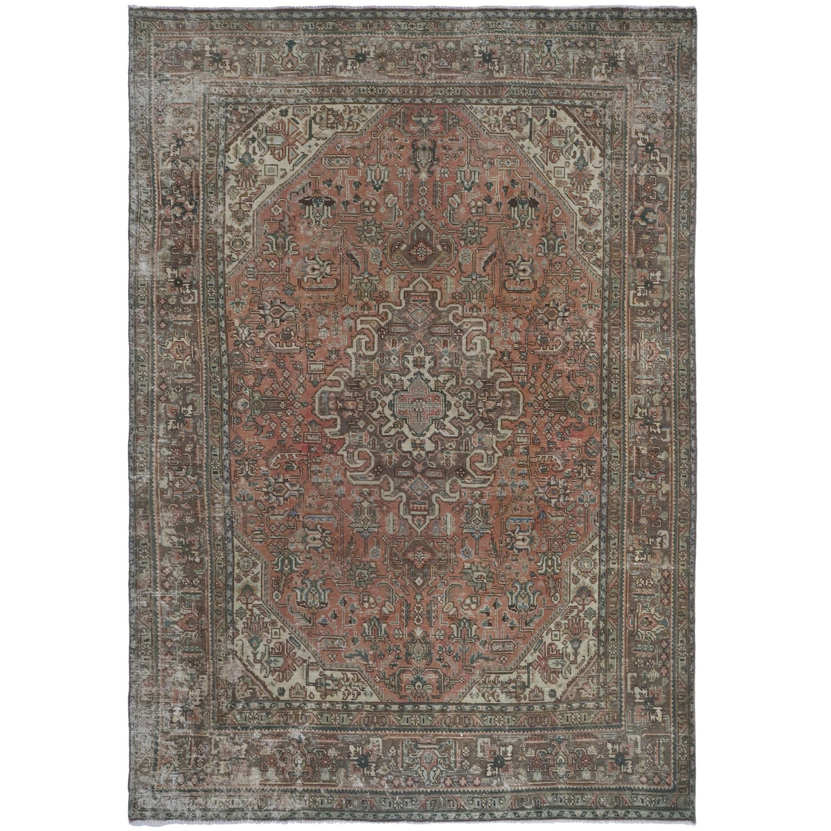 Knotari vintage hand-knotted wool rug No. A90 with faded floral medallion design in pale rose, soft blue, aged ivory, taupe, sage, size 6'4" x 9'5".
