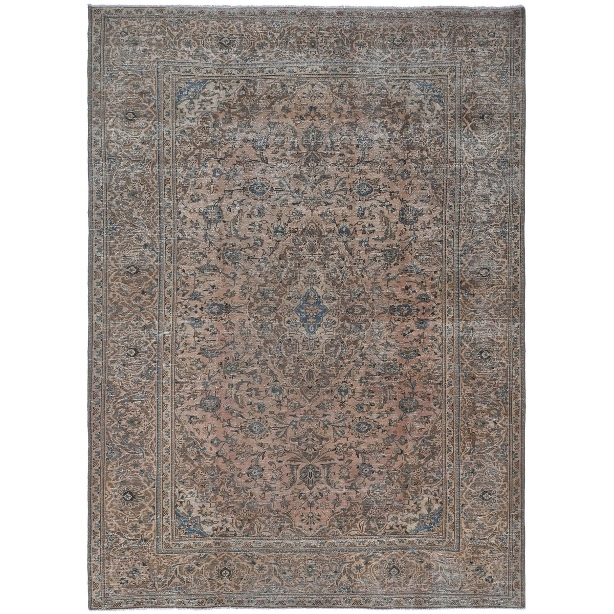 Knotari Heritage Collection vintage hand-knotted wool rug No. A91 with all-over floral design in blush sand, slate blue, taupe, ivory, and warm brown, size 6'7" x 9'8".