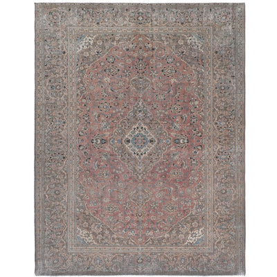 Knotari vintage hand-knotted rug No. A94 with soft floral medallion design in blush, dusty rose, taupe, ash gray, ivory, size 8'0" x 10'5".