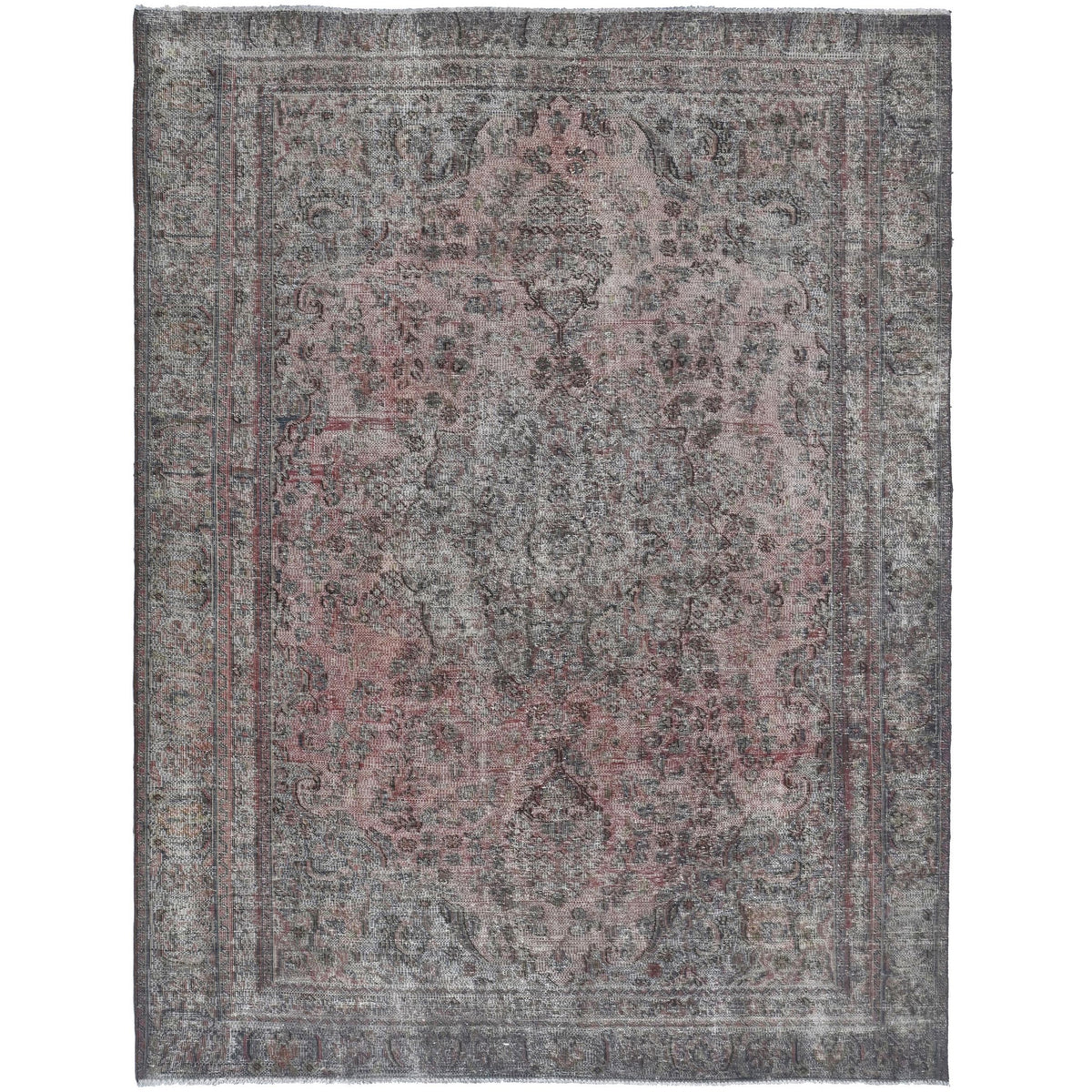 Knotari Heritage Collection vintage hand-knotted wool rug No. A99 with ornamental medallion design in dusty rose, charcoal, muted teal, taupe, and ivory, size 5'8" x 8'2".