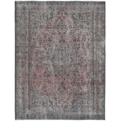 Knotari Heritage Collection vintage hand-knotted wool rug No. A99 with ornamental medallion design in dusty rose, charcoal, muted teal, taupe, and ivory, size 5'8" x 8'2".