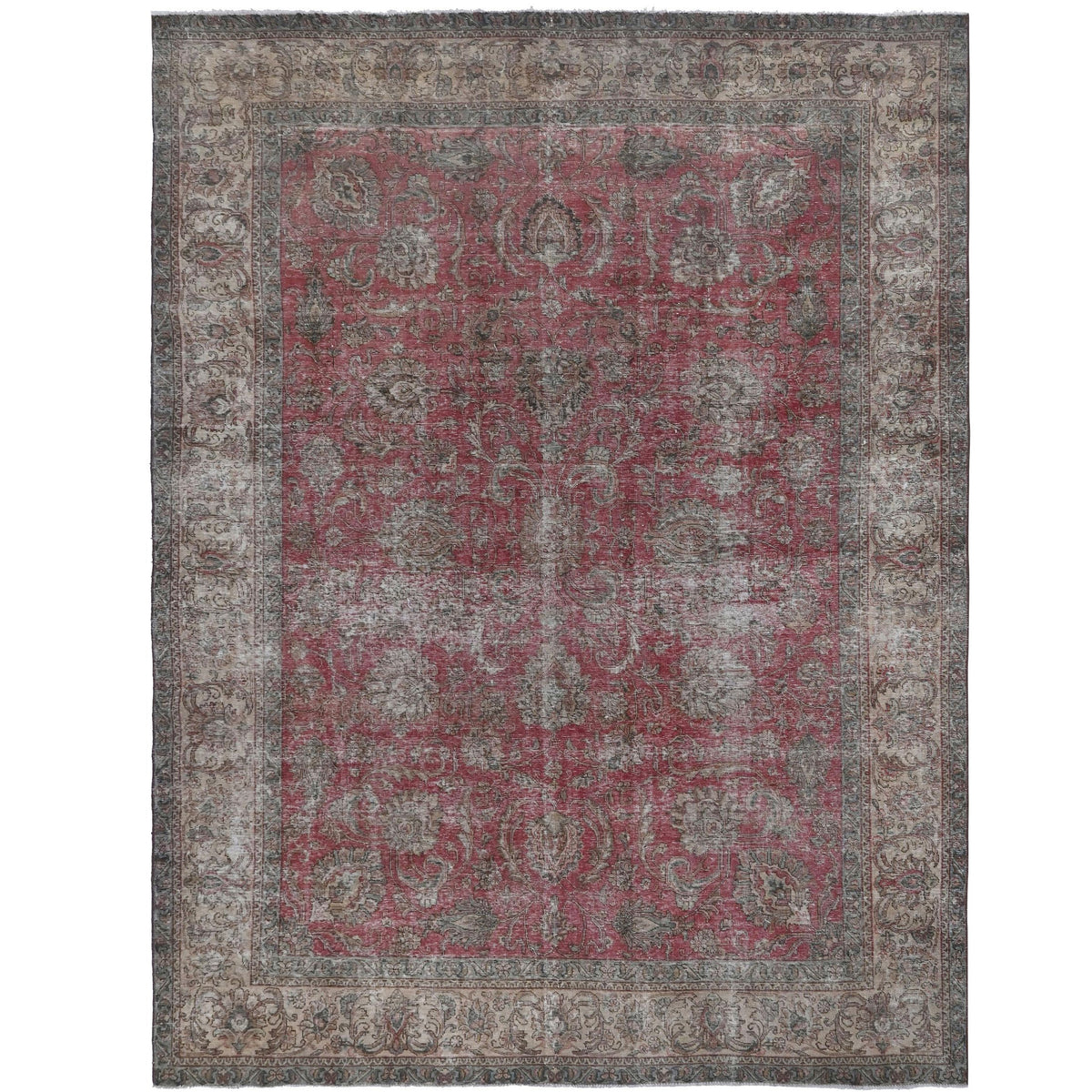 Knotari Heritage Collection vintage hand-knotted wool rug No. A9 with all-over floral design in dusty rose, muted red, slate blue, taupe, and soft ivory, size 9'6" x 12'9".