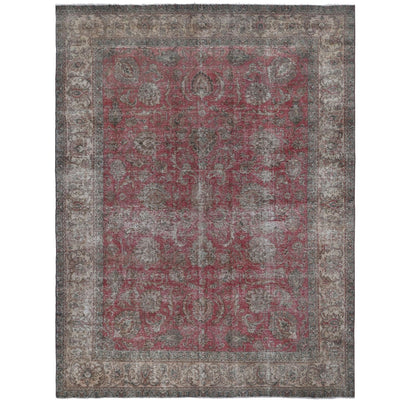 Knotari Heritage Collection vintage hand-knotted wool rug No. A9 with all-over floral design in dusty rose, muted red, slate blue, taupe, and soft ivory, size 9'6" x 12'9".