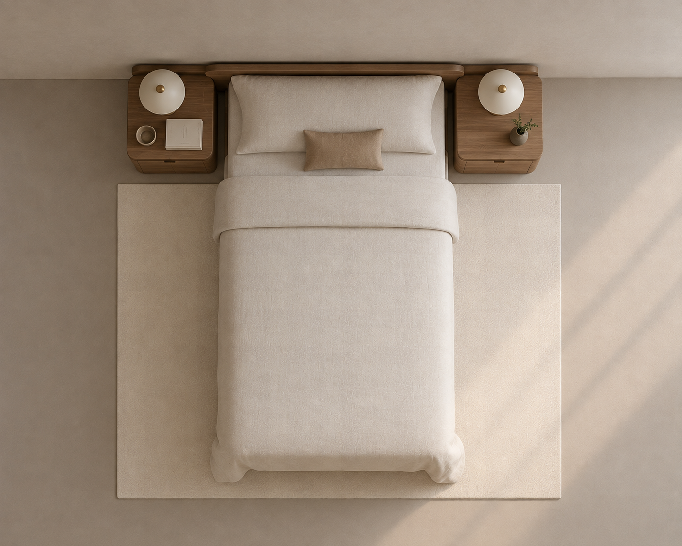 Top-down view of a minimalist bed setup with a light beige duvet and pillow, a small matching accent pillow, a dark wood headboard and matching side tables, and a large cream rug on a warm beige wall.