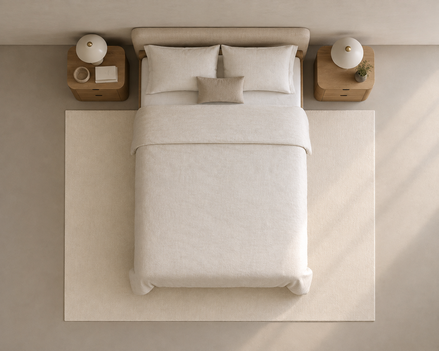Overhead view of a neatly made bed with white bedding, two beige pillows, a beige upholstered headboard, two wooden nightstands, and white table lamps in a minimalist bedroom.