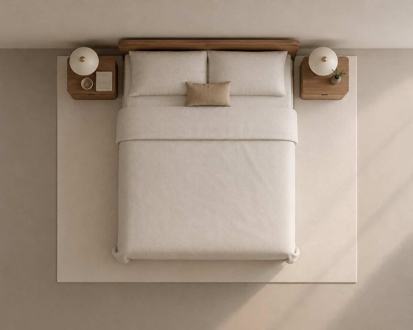 Overhead view of a neatly made bed with off-white bedding, two matching pillows, a small beige accent pillow, a wooden headboard, and matching bedside tables with white lamps in a minimalist bedroom setting.