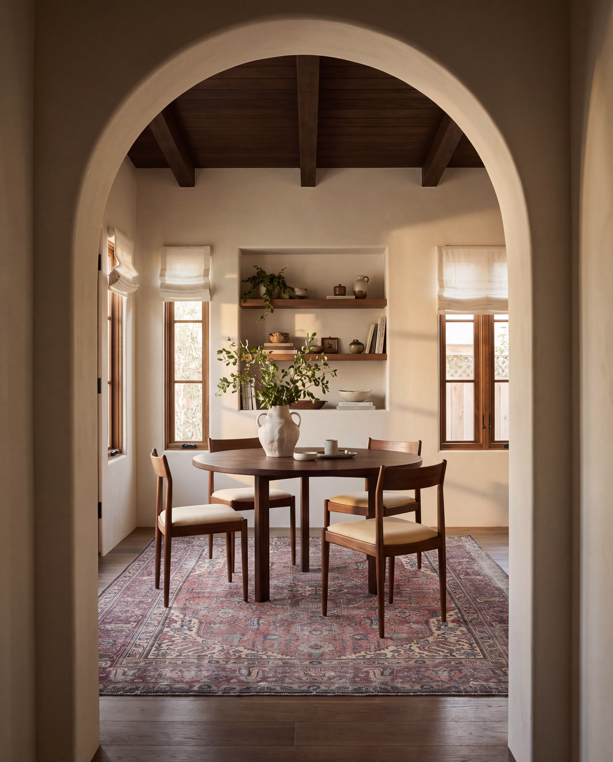 A rustic dining room viewed through a large arched doorway, featuring a round wooden dining table, four wooden chairs with beige upholstery, a patterned area rug, and a white vase of flowers on a light beige wall with built-in shelves and windows.