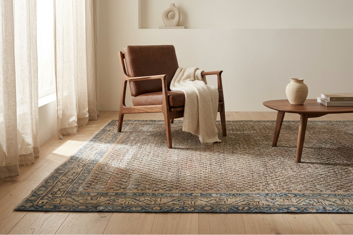 A traditional-style area rug with a blue and beige pattern, styled in a bright, modern living room next to a brown leather armchair and a small wooden side table.