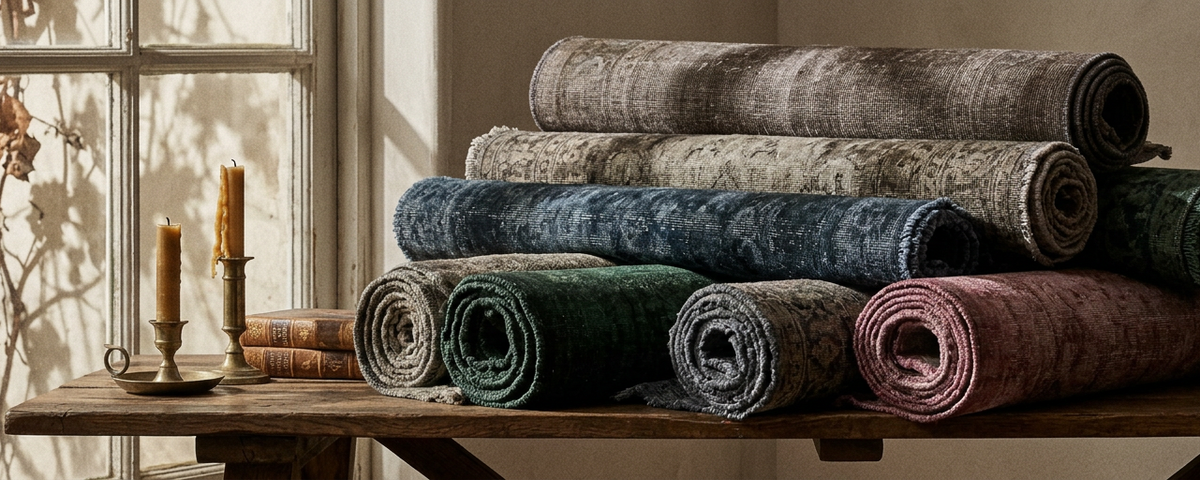 A stack of rolled area rugs in muted tones of blue, green, pink, and gray, displayed on a rustic wooden table next to a window with candlelight.