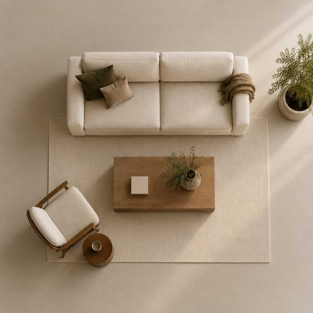 A top-down view of a minimalist living room setup featuring a cream-colored two-seater sofa, a matching cream area rug, a wooden coffee table, a wooden armchair with a white cushion, and a potted plant on a warm beige background.