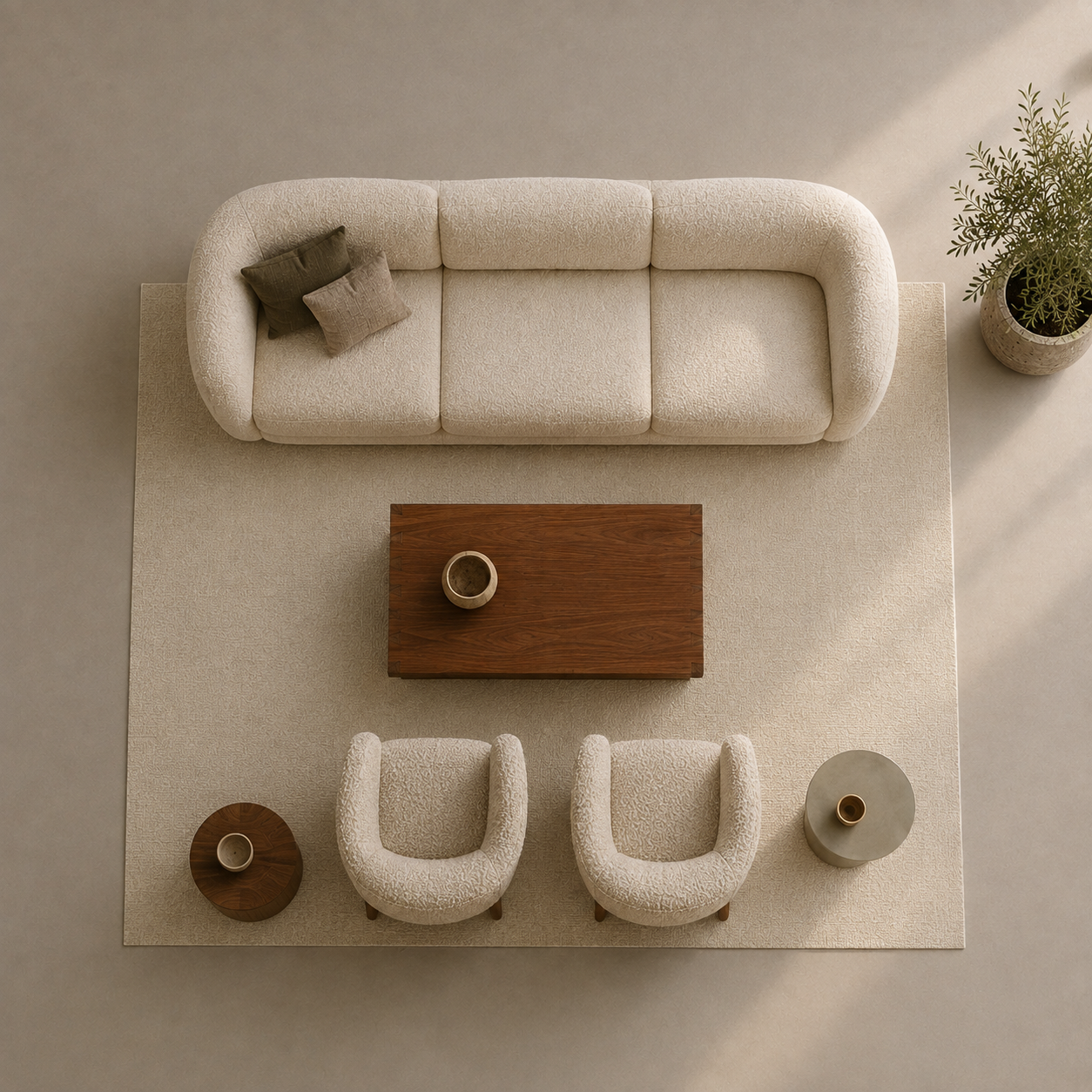 A top-down view of a modern living room setup featuring a curved cream bouclé sofa, two matching armchairs, a rectangular wooden coffee table, and two small side tables on a large cream rug, with a potted plant in the corner.