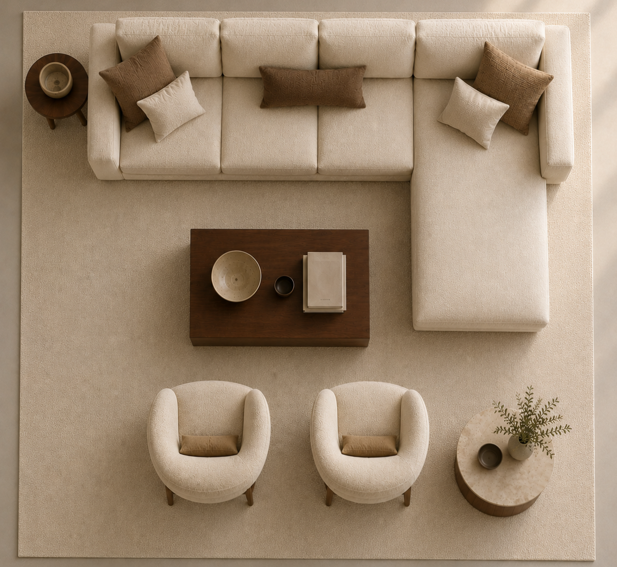 Top-down view of a modern living room set featuring a large cream sectional sofa with brown and cream pillows, two matching cream armchairs, a dark wood coffee table, and a small side table with a plant, all arranged on a large beige rug.